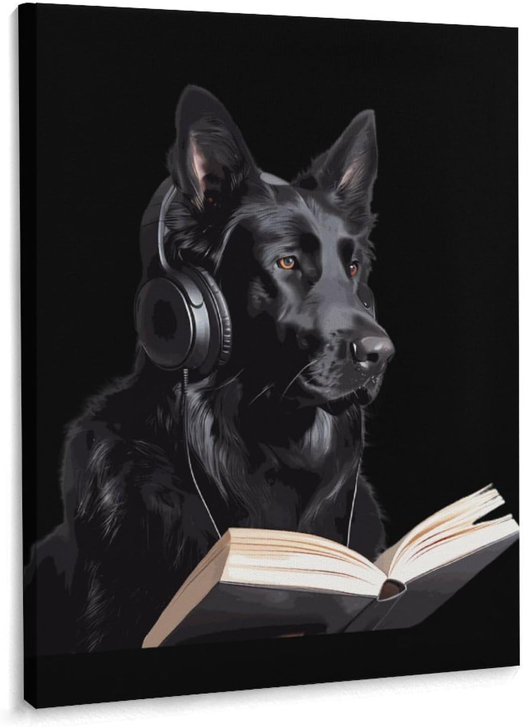 German Shepherd Wearing Headphones Reading Funny Canvas Poster Vertical Wall Art Artwork Picture Hanging Prints Painting Decoration for Living Room Home