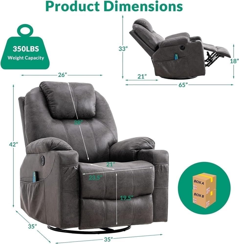 Cozy Home Theater Recliner with Heat & Swivel – Rocker Glider Chair with Cup Holders, Side Pockets, and Easy-Recline for Living Room, Media Room, Nursery