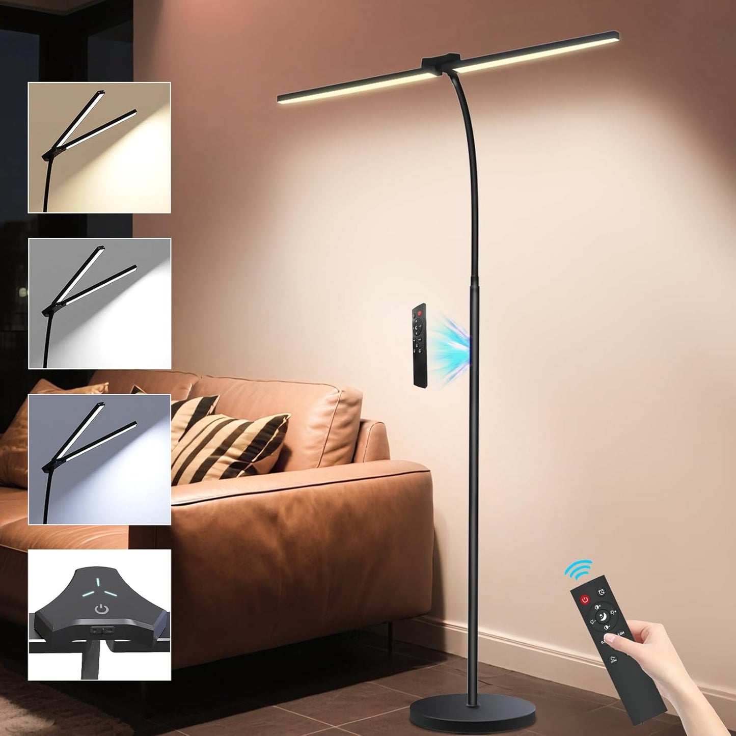 24W/2400LM Dual Head LED Floor Lamp for Office, Ultra Bright Reading Standing Task Lamp, Adjustable Panels with Remote, No Glare Puzzle Light for Tattoo, Piano, Sewing, Lash, Craft
