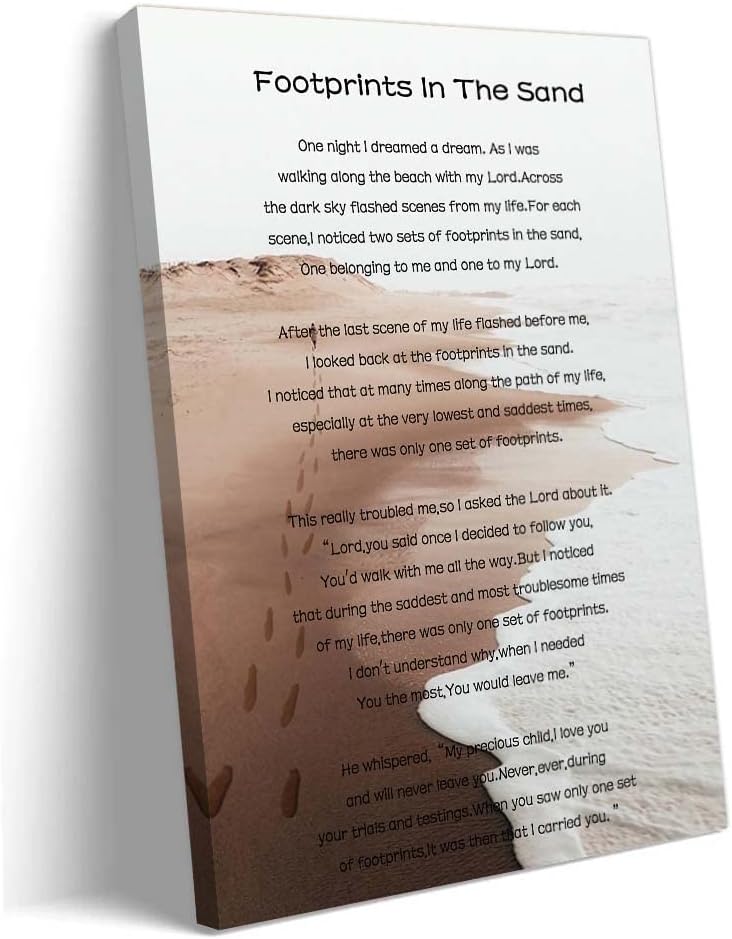 Footprints In The Sand Wall Art Religious Poem Wall Art Retro Canvas Framed Motivational Quotes Poster Painting Pictures Home Decor Framed (12x18 inch)
