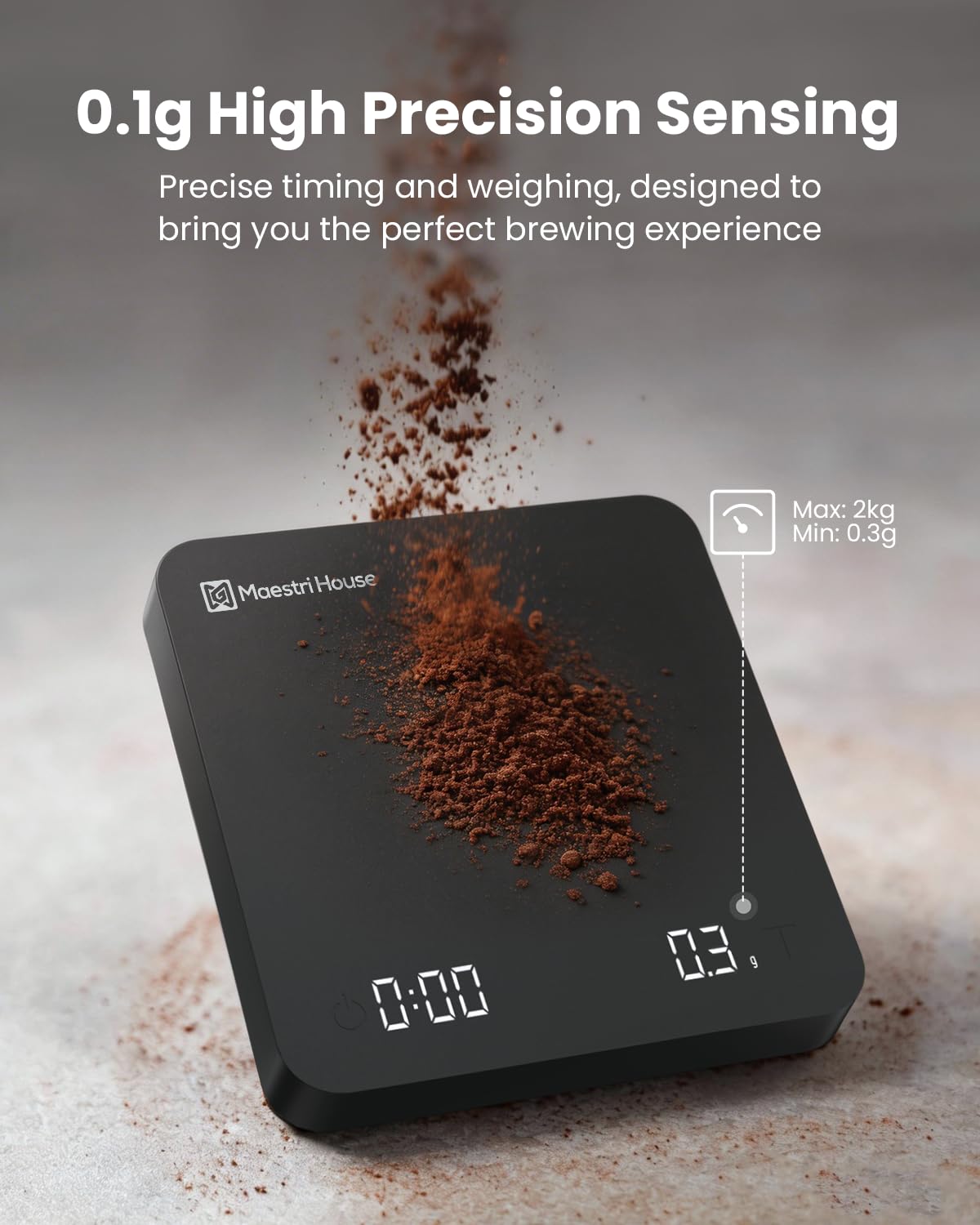 Maestri House S1 Air Espresso Scale with Timer, 0.1g Precision Coffee Scale with Auto Tare, 3 Smart Brew Modes, Ultra-Slim 0.63" Low-Profile, Rechargeable Digital Scale for Espresso & Pour Over