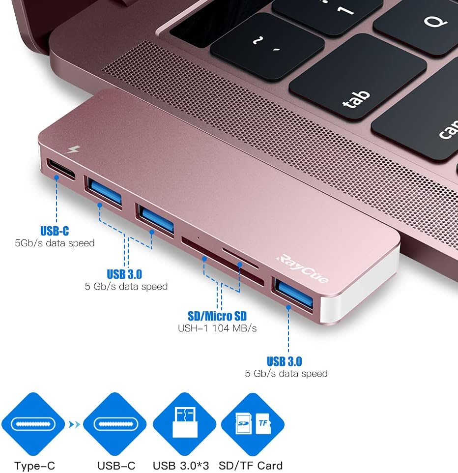 USB C Hub Adapter for MacBook Pro/Air 2020 2019 2018, 6 in 1 USB-C Accessories Compatible with MacBook Pro 13″ and 15″ with 3 USB 3.0 Ports, TF/SD Card Reader, Power Delivery (Pink)