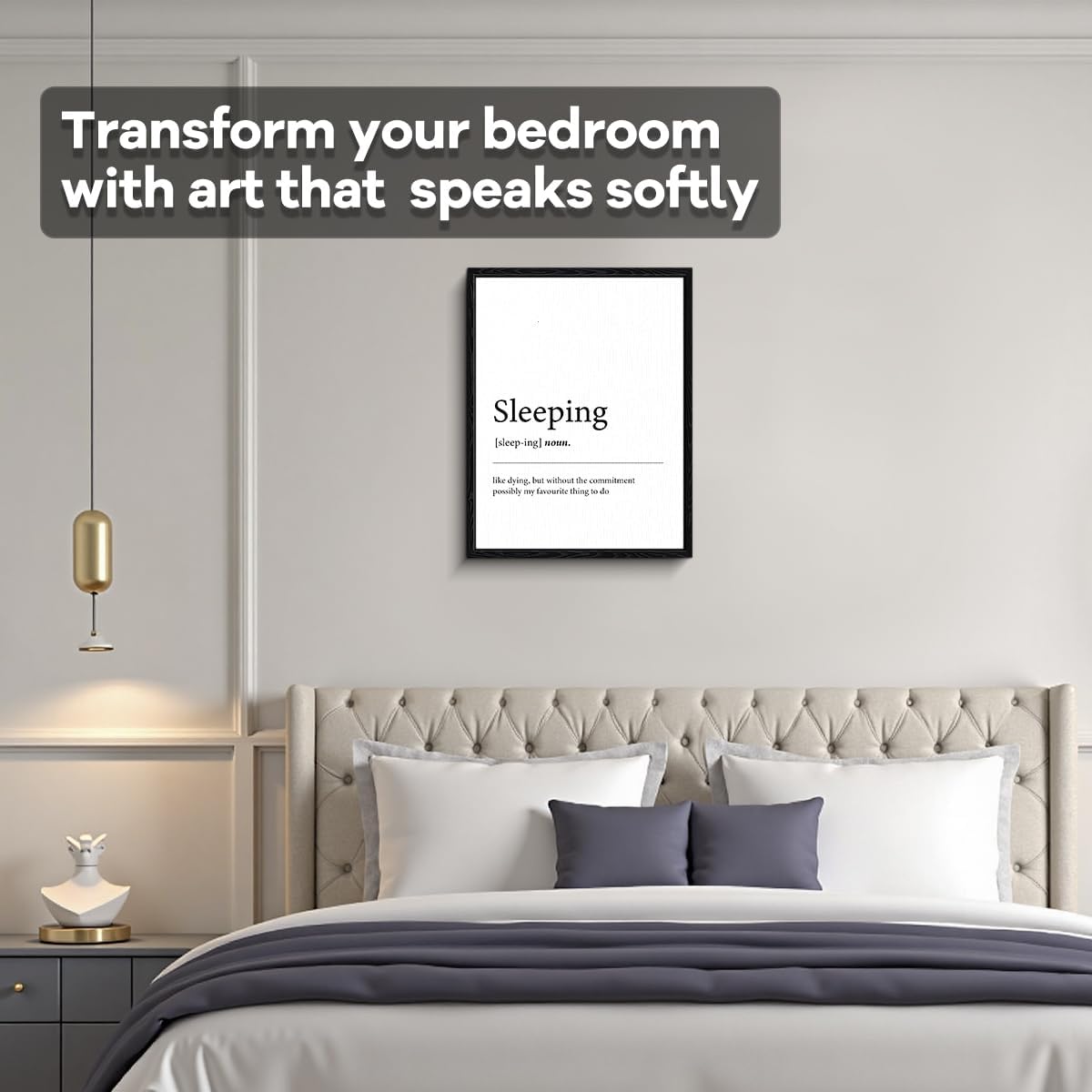 Funny Sleep Quote Wall Art, sleeping definition joke, minimalist wall decor, matte finish framed canvas print, bedroom humor poster, for bedroom dorm gift, 12x15 inch