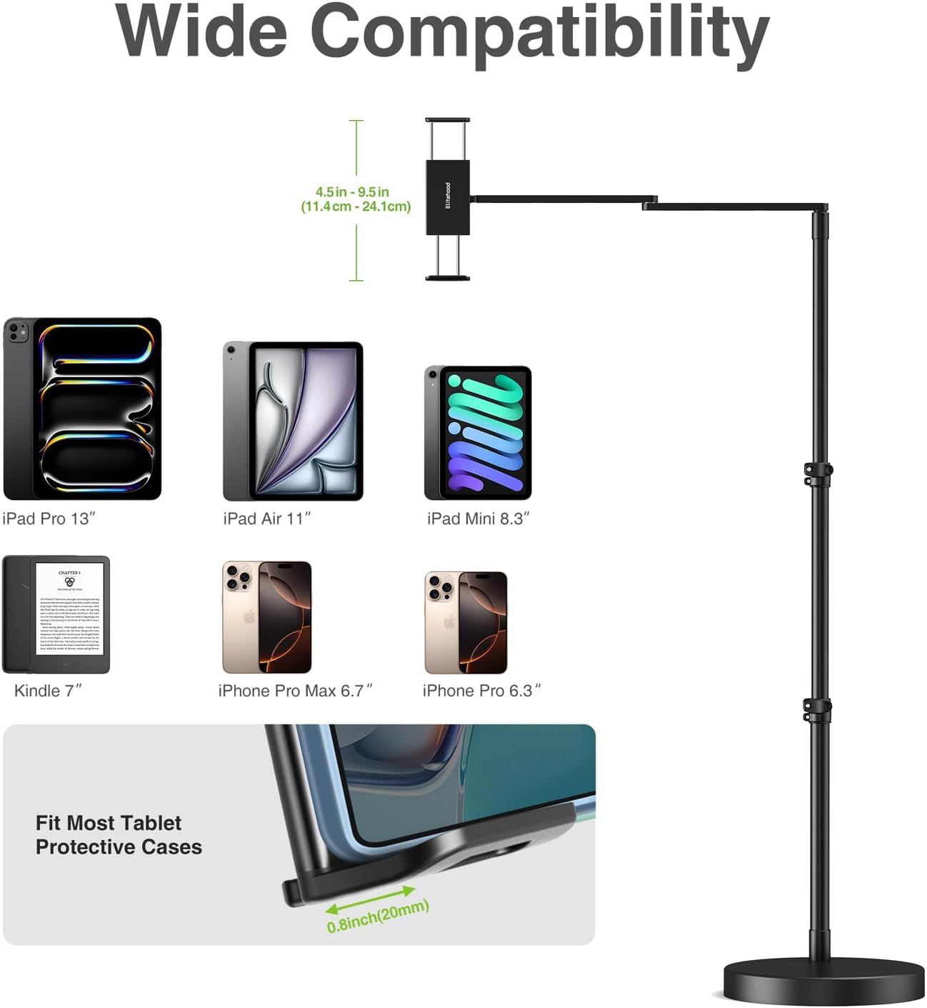 elitehood Adjustable Tablet Floor Stand with Heavy Duty Base, 24in Horizontal Long Arm iPad Floor Stand Holder for Bed Recliner Sofa, Compatible with iPad mini Air Pro 13/12.9 and 4.7-13in Devices
