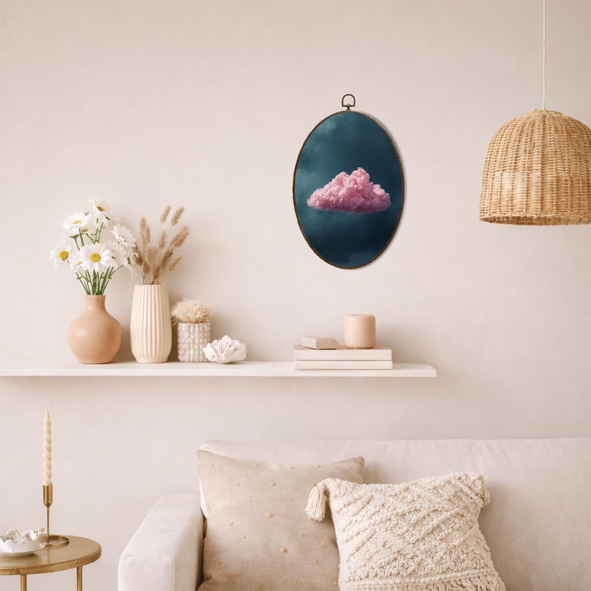 LMMHIOPI Minimal Pink Cloud Oval Wall Art, Dreamy Aesthetic Sky Canvas Print Decor for Bedroom Living Room, 8.5x11.5 Inch