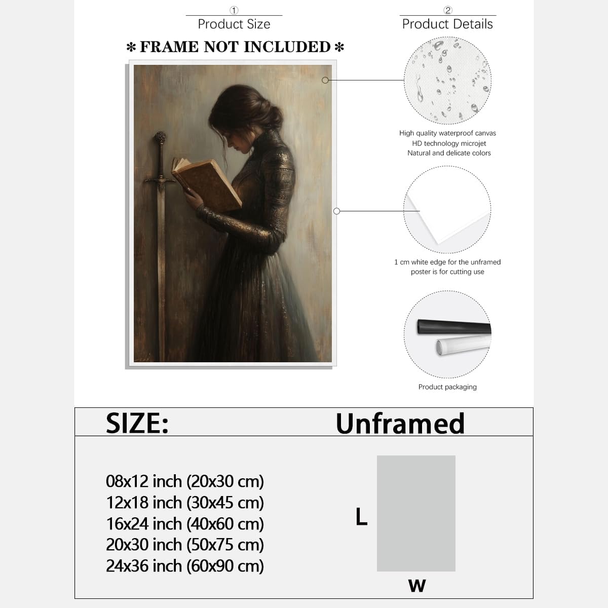 Dark Academia Wall Art Victorian Woman Knight Reading Book Print Vintage Gothic Library Canvas Art Poster Literary Gift for Book Lovers Study Room Decor Aesthetic 8x12inch Unframed
