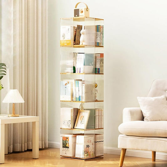 Transparent Acrylic & Bamboo 5-Tier Rotating Bookcase - 360-Degree Revolving Bookshelf for Bedroom, Living Room, Study Room, Modern Storage Display Unit