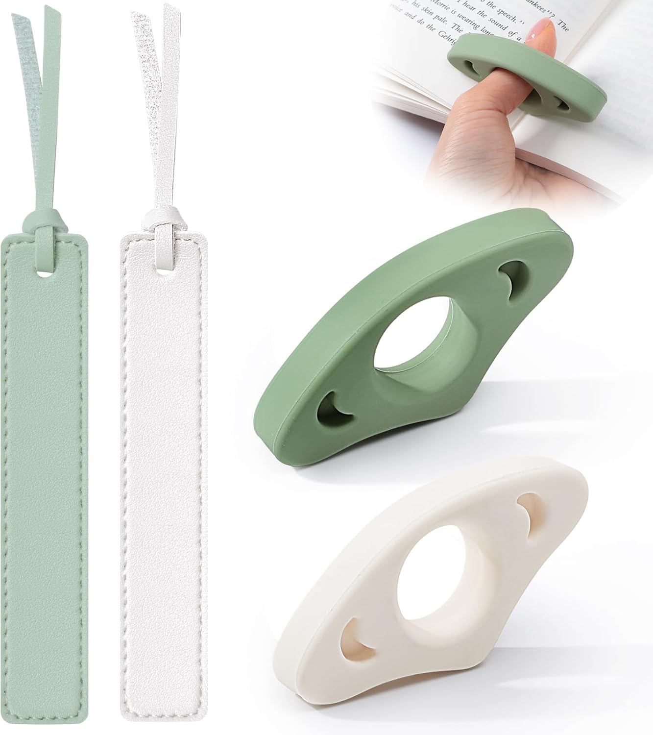 4Pcs Book Page Holder Set, 2Pcs Breathable Silicone Thumb Book Page Holder and 2Pcs Leather Bookmark, Easter Basket Stuffers, Mothers Day Gifts, Reading Accessories for Book Lovers, Readers