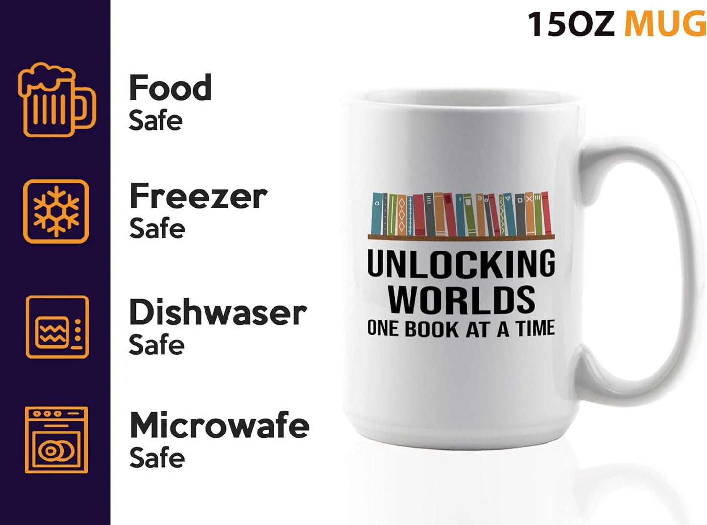 Book Lover Coffee Mug 15oz White -Unlocking Worlds - Gift For Poets Bookish People Bibliophile Librarian Book Club Reader