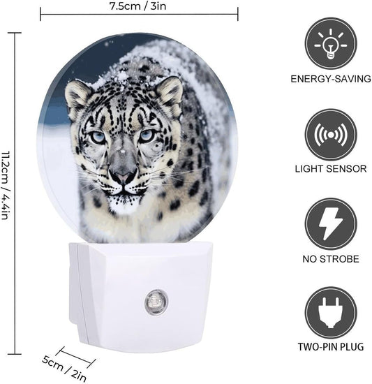 Blue Eyed Snow Leopard LED Plug in Night Light 0.5w Night Lights Plug Into Wall with Auto Dusk to Dawn Sensor Portable Bathroom Nightlights Small Dimmable Lamp Energy Efficient Bedside Light (Round)