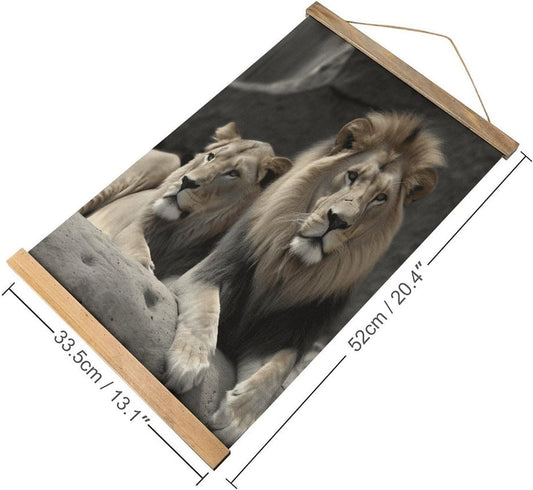 Vintage Male And Female Lions Poster with Wooden Frame Personalized Linen Hanging Scroll Painting Rustic Wall Hanging Illustrative Modern Artwork Decor for Home Living Room Bedroom Office