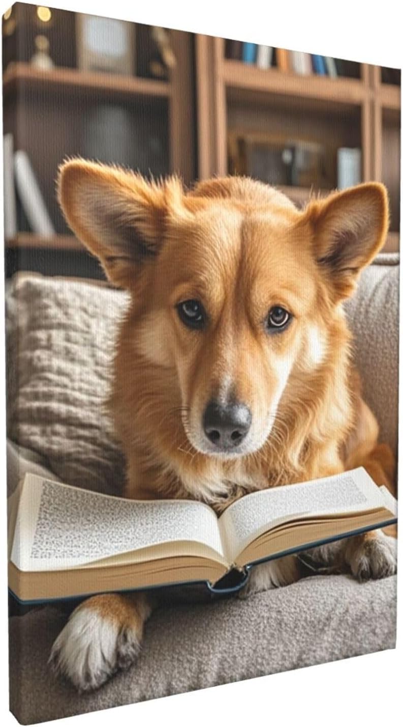 Canvas Wall Art Poster Personalized Pictures Print Reading Dog Wall Pictures Modern Art Canvas Painting Framed Artwork Aesthetic Poster for Living Room Bedroom Office Home Decor 12x18in