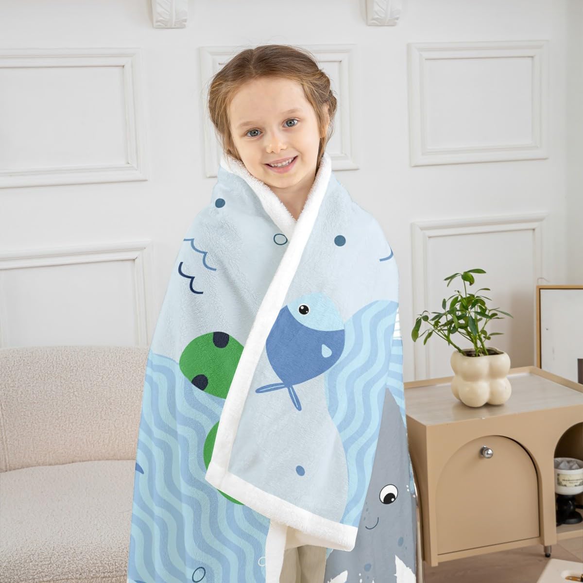 Shark and Whale Fleece Throw Blanket Super Soft Cozy Cartoon Sea Animal Sherpa Blanket for Kids Women Adults Octopus Turtle Plush Blanket Underwater World Fuzzy Blanket for Sofa Bed(30x40 Inches)