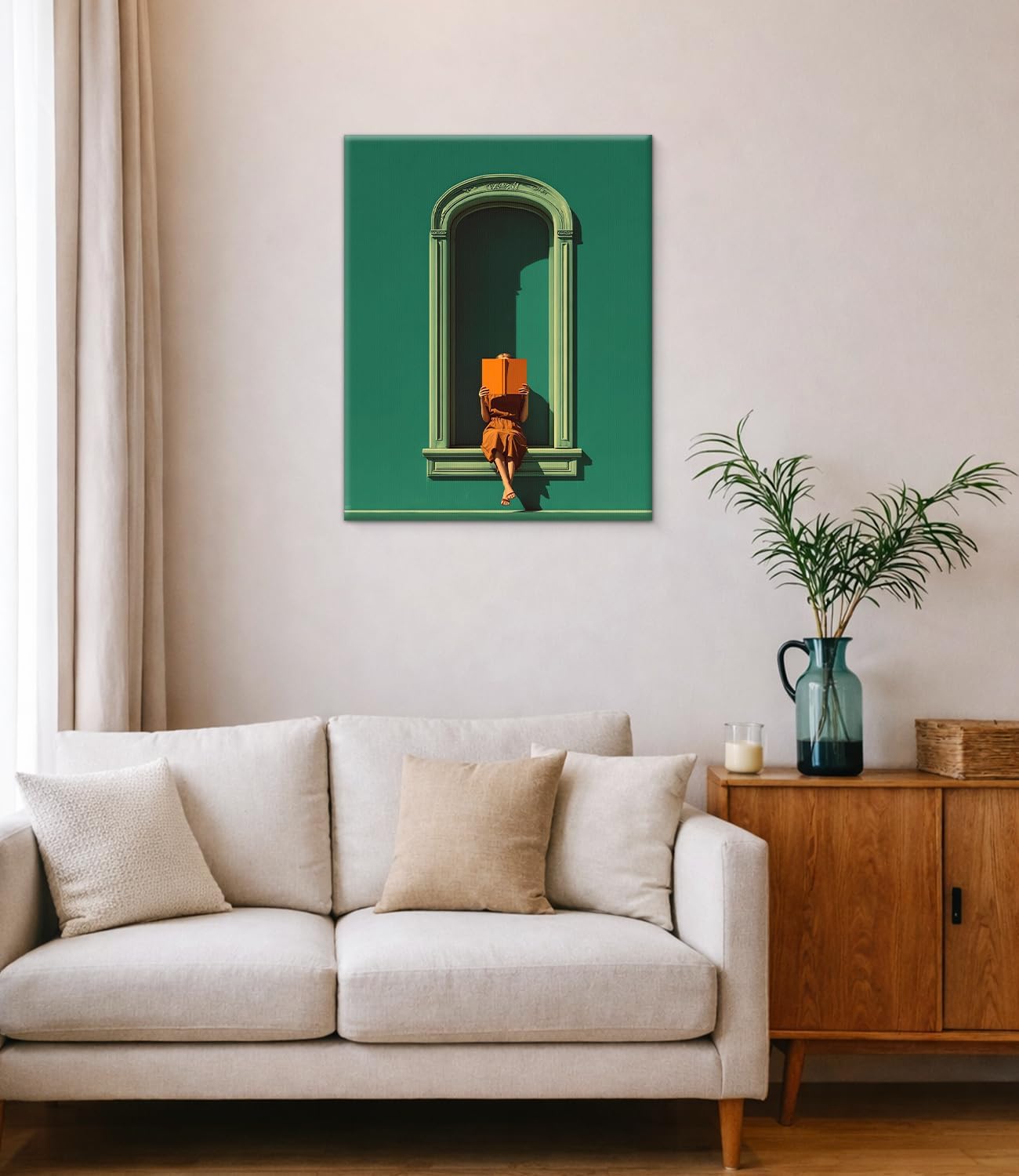 Green Reading Woman Wall Art Print - Bookish Woman in Window Canvas Poster Painting - Book Lover Gifts Wall Decor for Home Reading Nook 8x10 Inch Framed
