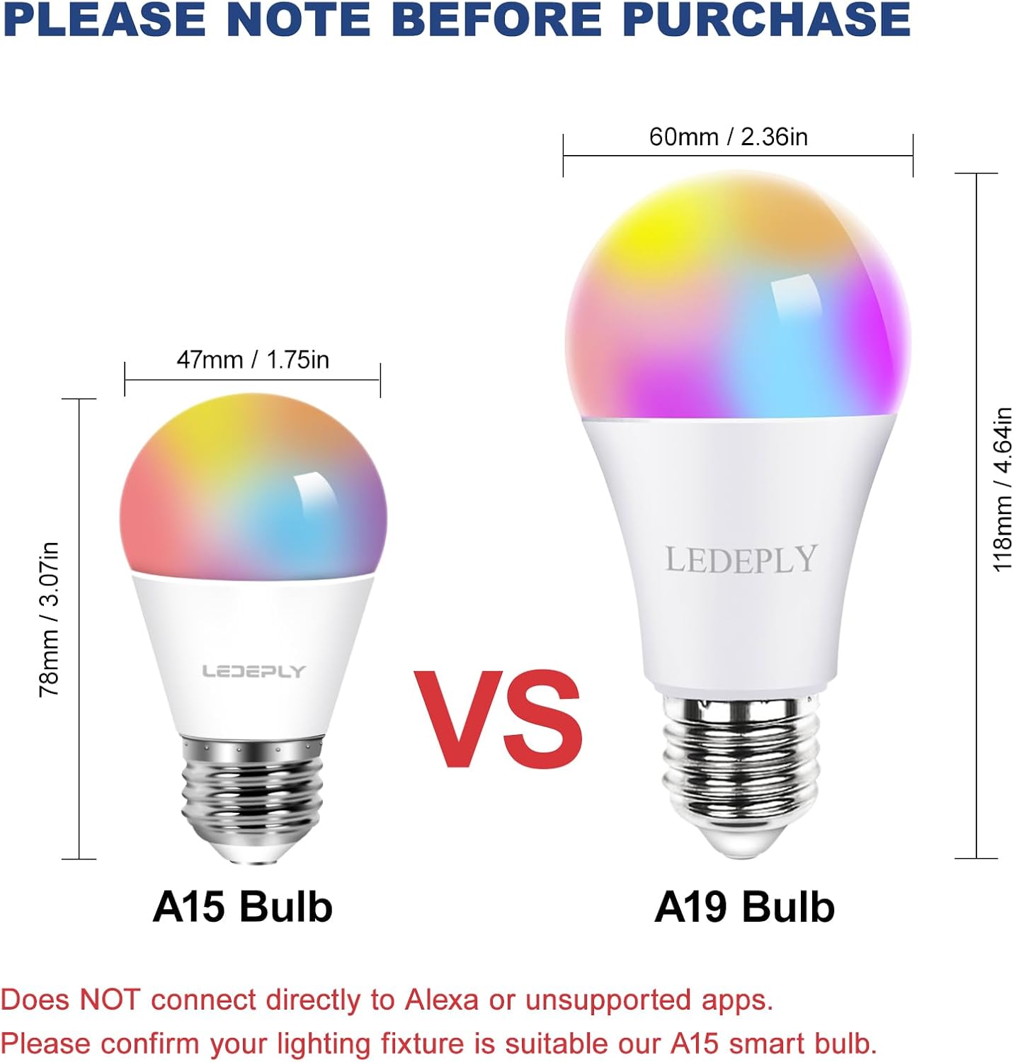 5W=40W, A15 Smart Bulb, Compatible with Alexa, Google Home, E26, Color Changing, Dimmable LED WiFi Light Bulbs, No Hub Required, 2.4GHZ WiFi Only, 400lm, 1 Pack