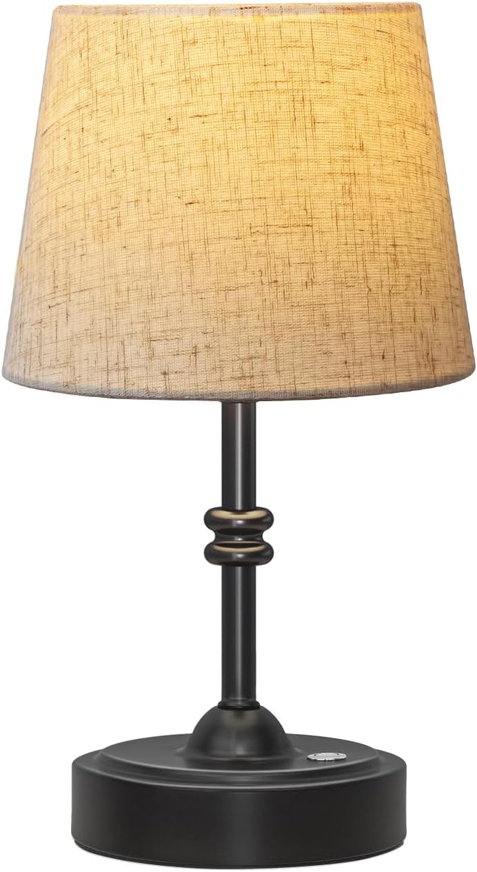 ONEWISH Small Cordless Lamp, Battery Operated Table lamp Dimmable, 4000mAh Rechargeable, Touch Bedside Lamp with Beige Linen Shade, 2700K Bulb Included, for Dining, Patio, Bathroom(Black)
