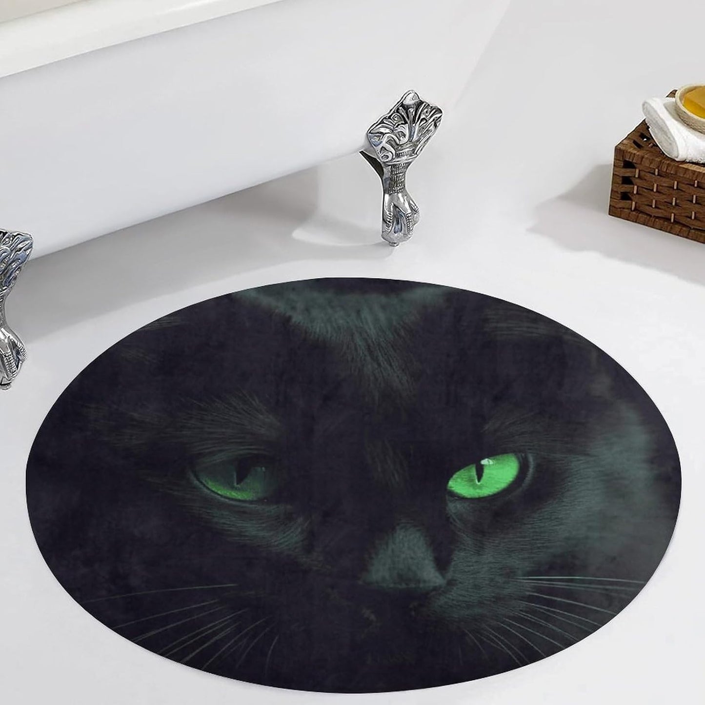 Black Cat Green Eyes Circle Rug Retro Luxury Coral Velvet Floor Mat Non Slip Soft Indoor Floor Carpet Comfy Thickened Area Rugs Modern Aesthetic Minimalist Carpets for Home Decor