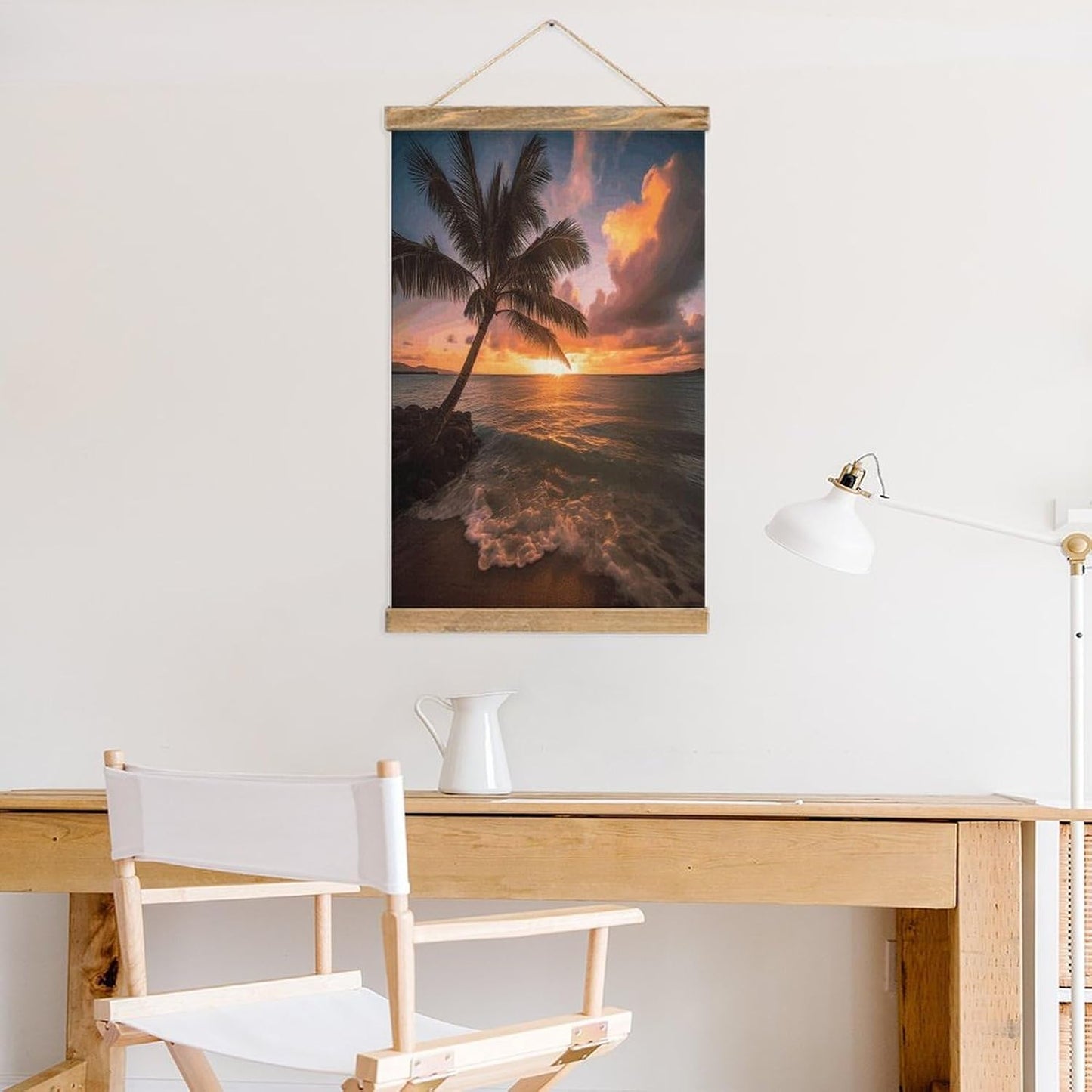 Vintage Palm Tree Sunset Beach Poster with Wooden Frame Personalized Linen Hanging Scroll Painting Rustic Wall Hanging Illustrative Modern Artwork Decor for Home Living Room Bedroom Office