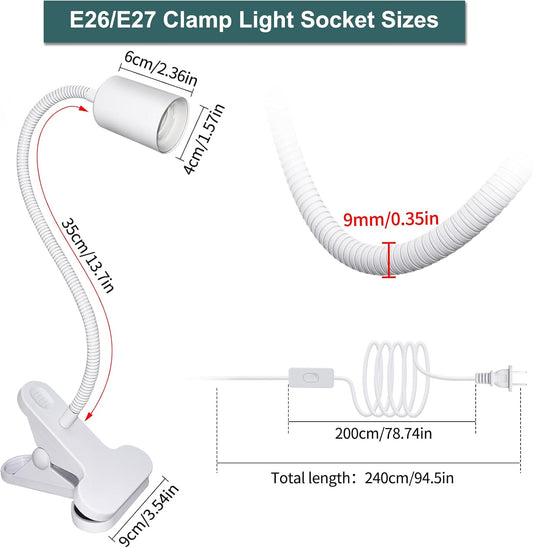 2 Set Clip Desk Lamp Socket with Adjustable Flexible Neck, E26 E27 Clip Lamp Socket Clamp with 240CM Cord, Clamp Light Stand with On/Off Switch and 9 &350 MM Metal Tube Clip on Reading Light (No Bulb)