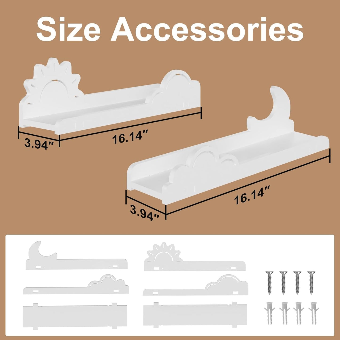 Cute Wall Shelves for Room Decor 2 Pack, White Sun&Moon Bookshelf 16’’L U-Shaped Floating Shelf Wall Mounted, Cute Decorative Cloud Shelves for Books,Plants,Figure, Storage Shelves for Living Room