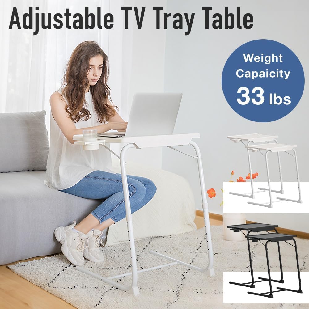 Japard Folding TV Tray Table, Small Bedside Sofa Dinner Table with Cup Holder, Adjustable 6 Height & 3 Tilt Angle (White_ 2 pcs)