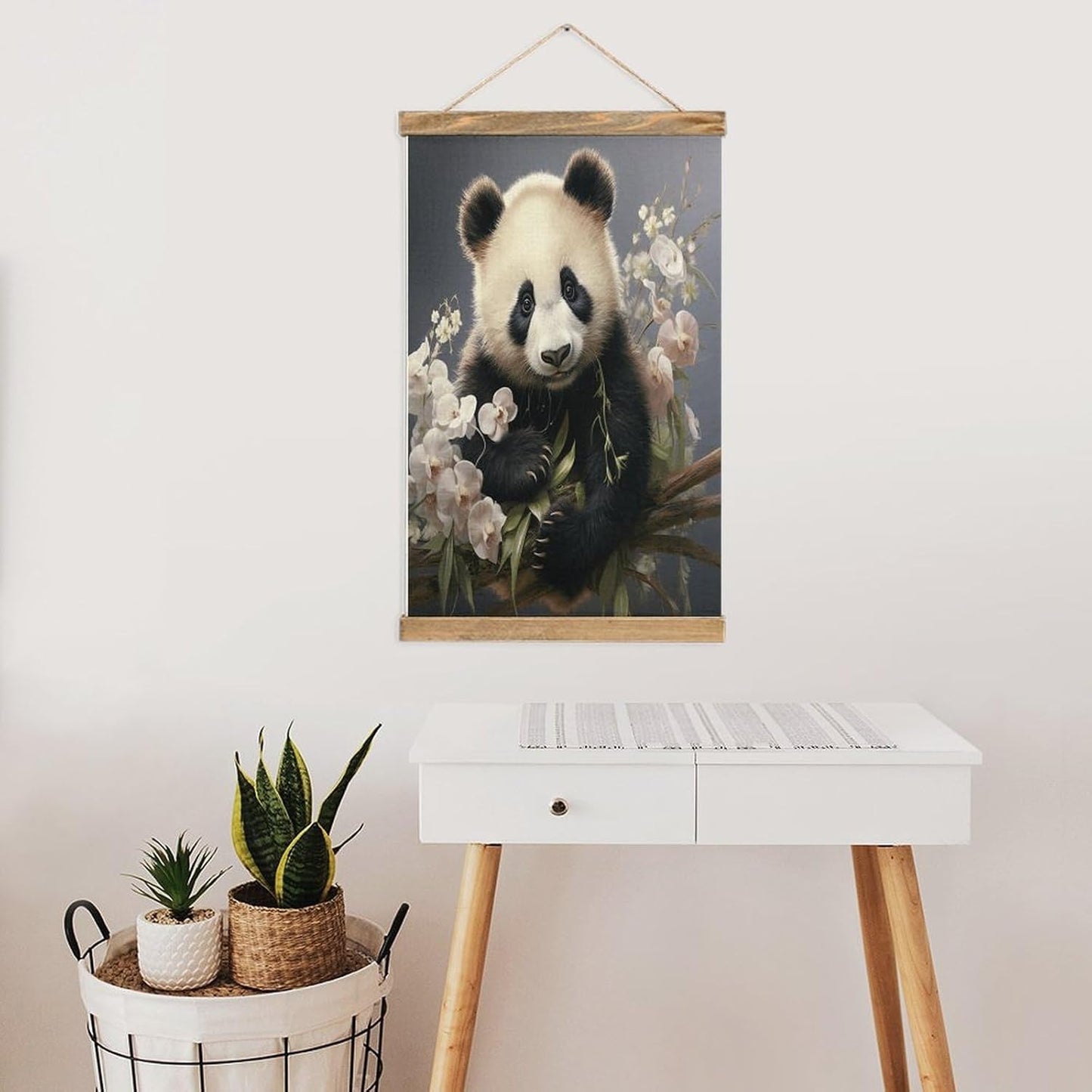 Vintage Panda with Flower Poster with Wooden Frame Personalized Linen Hanging Scroll Painting Rustic Wall Hanging Illustrative Modern Artwork Decor for Home Living Room Bedroom Office