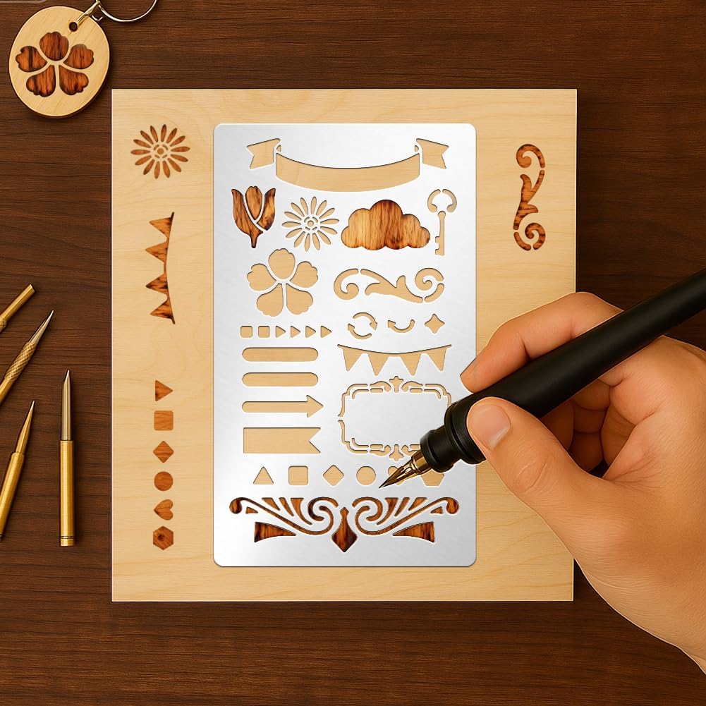 6 Pcs Metal Planner Stencil Journal Stencil Wood Burning Engraving Stencils Small Letter Metal Stencils for Journaling Templates for DIY Bookmarks Carving Draw Scrapbook