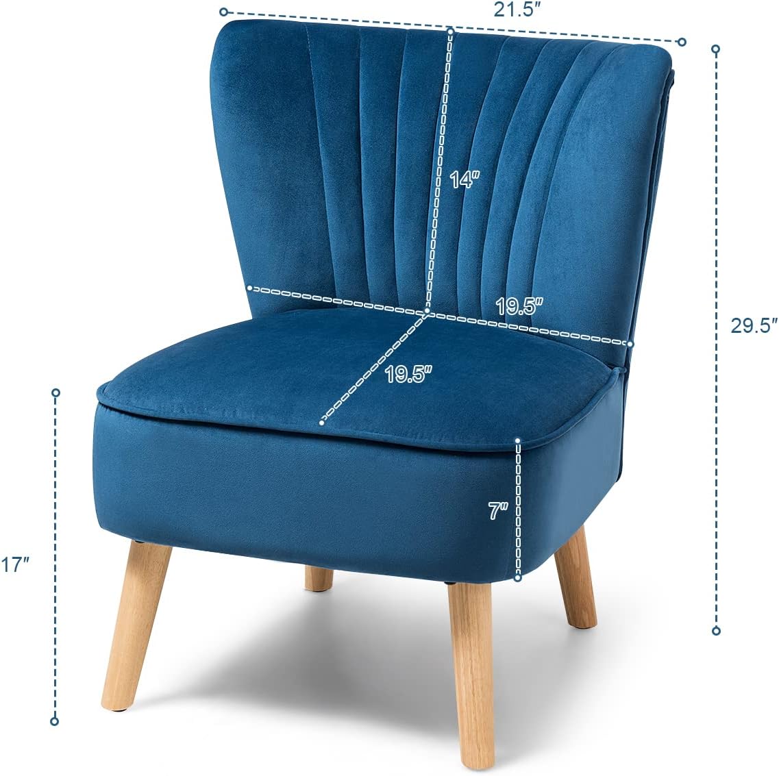 KOTEK Velvet Accent Chair, Modern Armless Accent Chair w/Solid Rubber Wood Legs, Upholstered Side Chair Club Sofa Chair Slipper Chair for Living Room Bedroom (Blue)