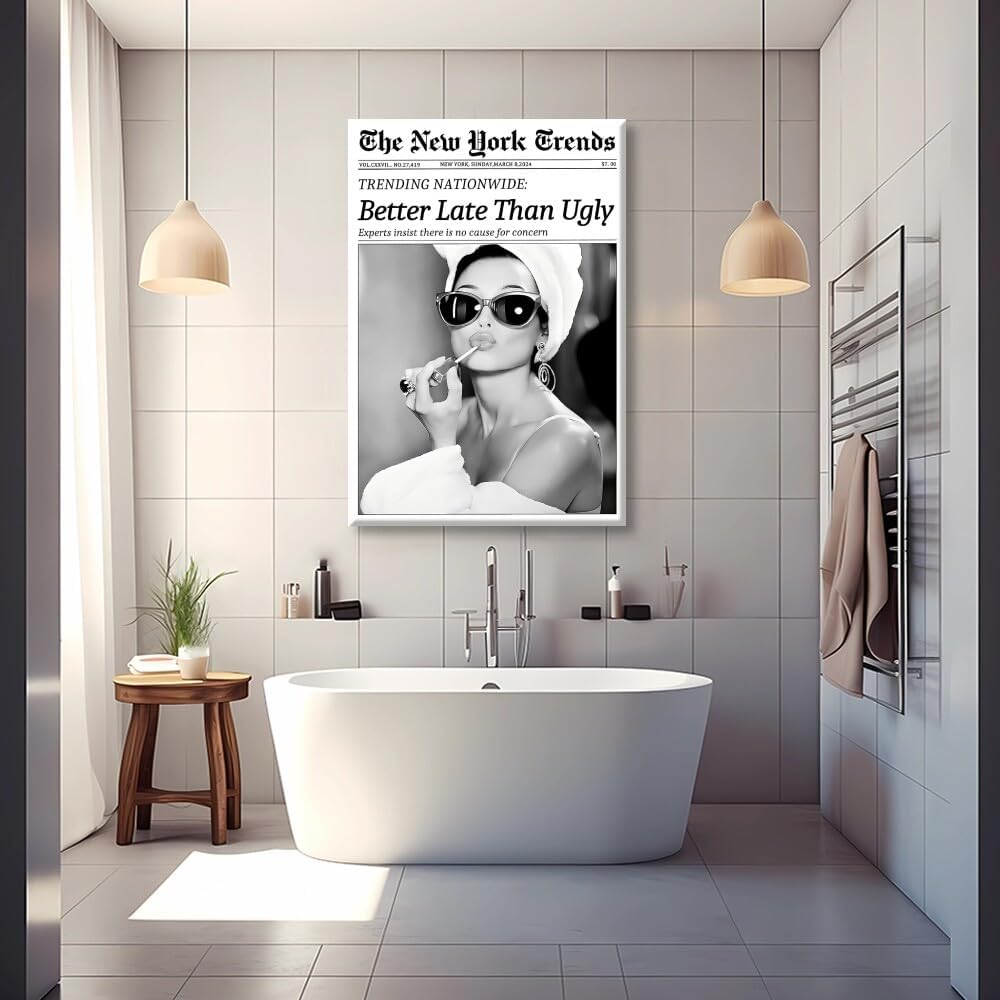 Vintage Newspaper Wall Art Black and White Canvas Prints Better Late Than Ugly Funky Feminist Poster Trendy Preppy Aesthetic Wall Decor for Girly Dorm Room Bathroom 8x12inch Unframed