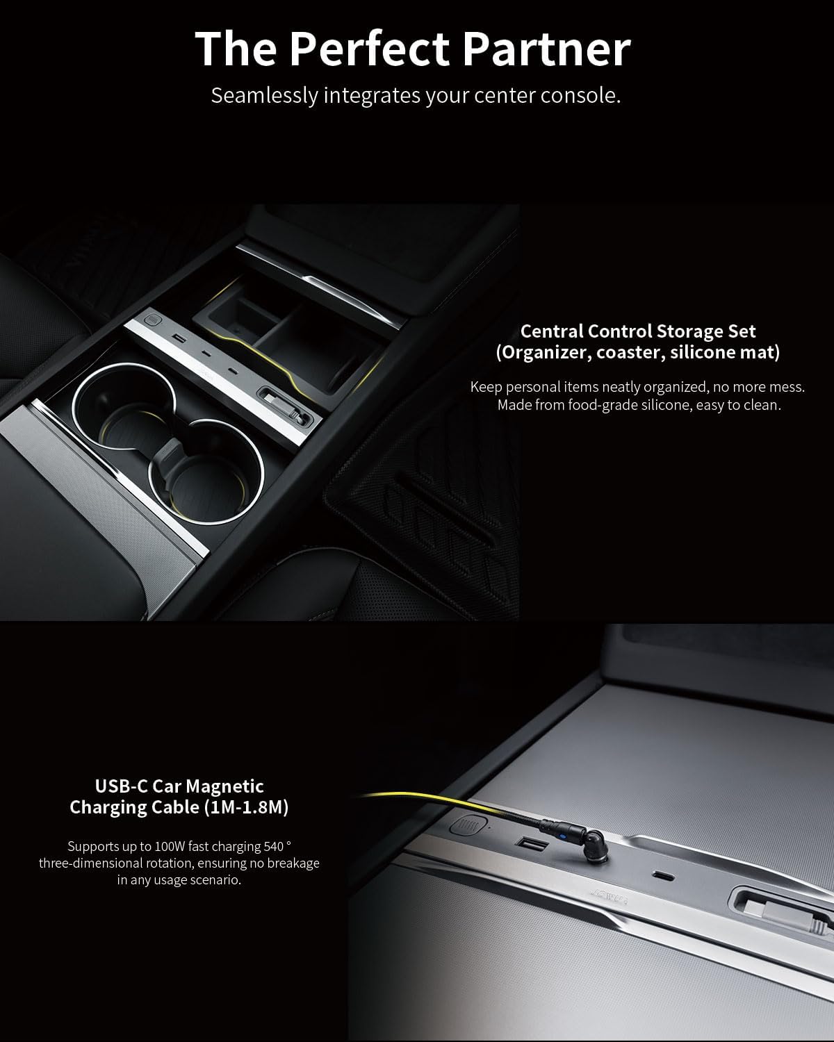 JOWUA 130W LED Hub Compatible for Tesla New 2025 Model Y, Reengineered Model 3 Highland (2024+), Two Type-C Ports, one USB-A Port, and a Type-C Cable