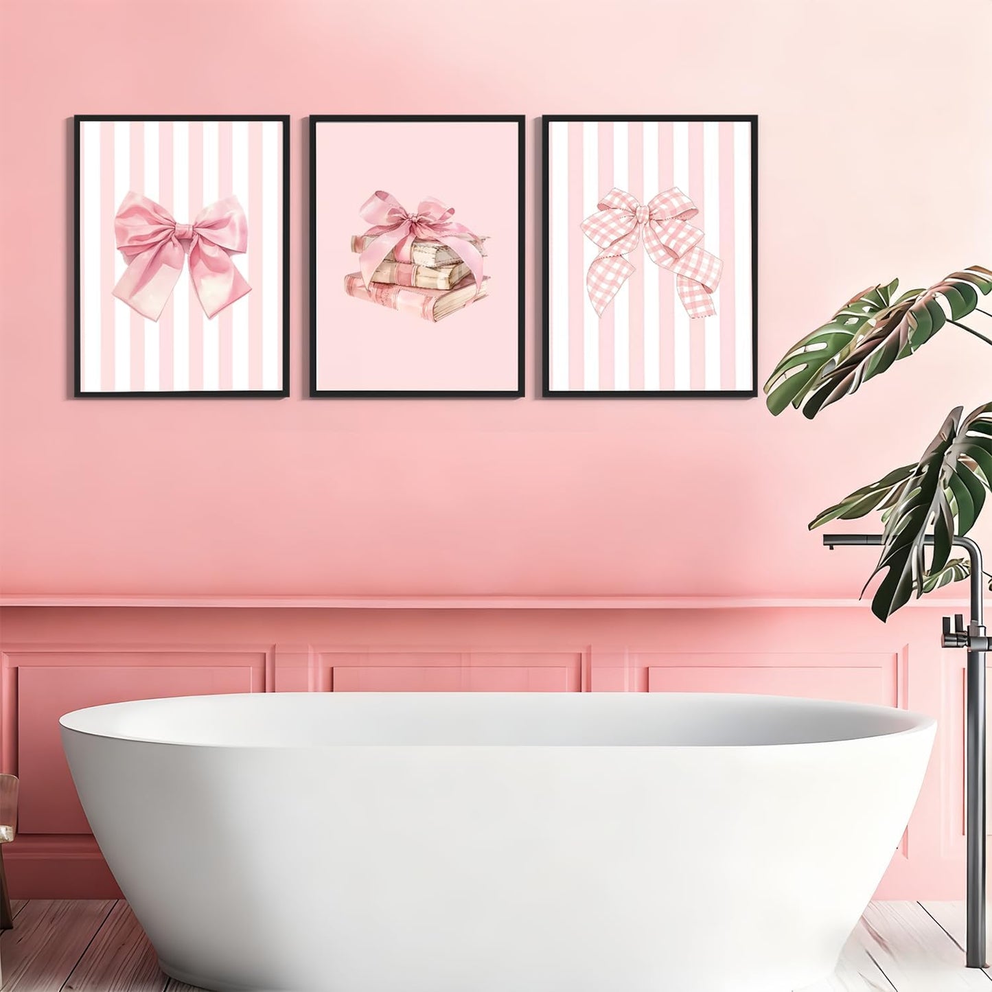 3Pcs Pink Bow Canvas Wall Art Coquette Preppy Reading Poster Print Pink Book Stripes Aesthetic Pictuer Painting for Girl's Room College Dorm Bedroom Living Room Library Wall Deocr （16×24in Unframed）