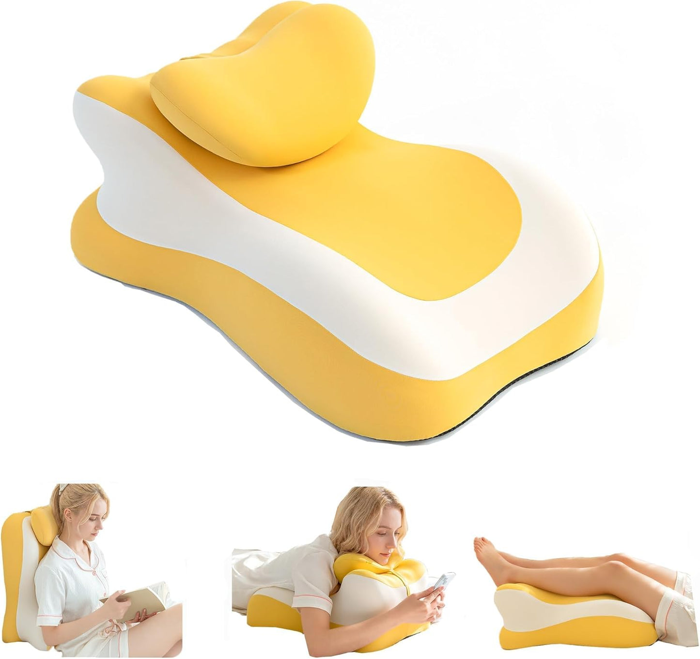 SLEEP ZONE Memory Foam Reading Pillow, Multi-Position Support Bed Pillow for Petite Adults, Reading Tools, Pillows Prone Back and Knee Support Leg Elevation with Washable Cover, Yellow