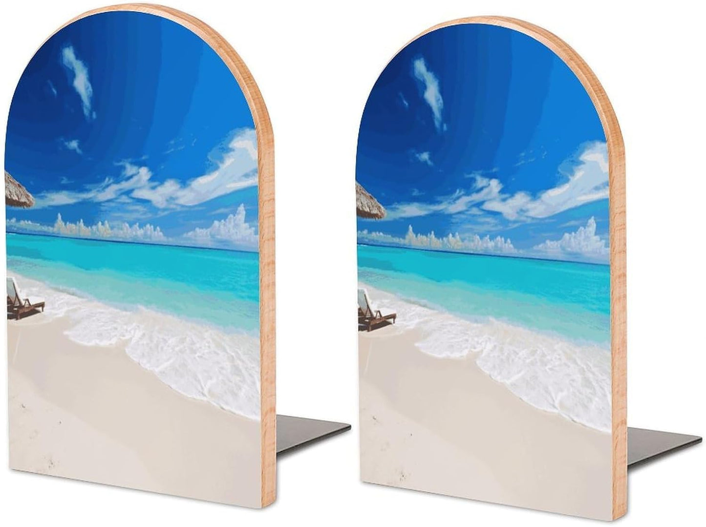 Non-Slip Bookend for Shelves White Beach Tropical Sea Wooden Bookends with Metal Base Decorative Book Stopper for Home Heavy Duty Wood Book Storage for Books/CDs