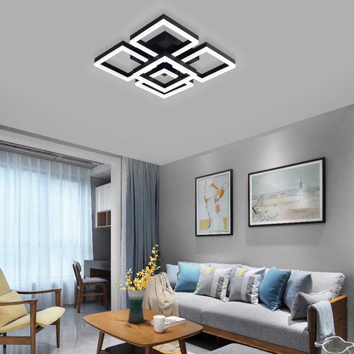 Garwarm Modern LED Ceiling Light, Black Flush Mount Light Fixtures,64W Ceiling Lamp for Living Room Bedroom Dining Room, 5 Square Metal Acrylic Surface Mount Chandelier Cool White 6000K