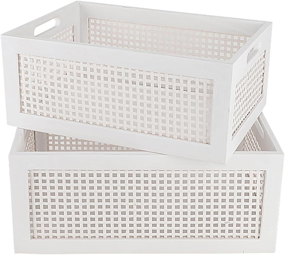 Wood Storage Baskets, Rattan Storage Baskets, Desk Office Drawer Storage Box. (White-Set2)