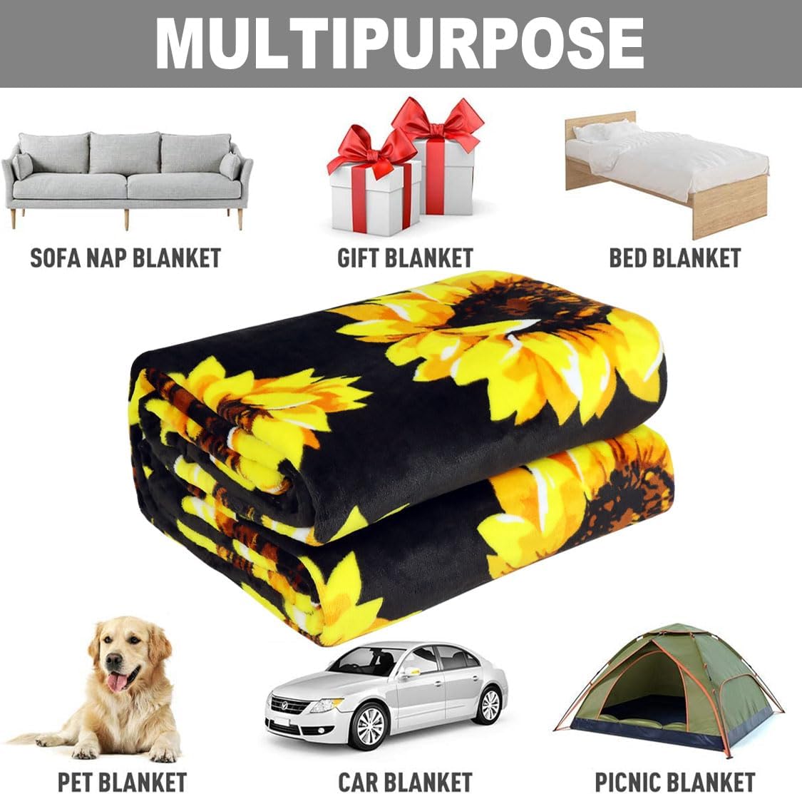 HommomH Sunflower Blanket, 60"x80" Double Sided Print Soft Warm Reversible Throw Blanket for Women Girls Birthday, Black