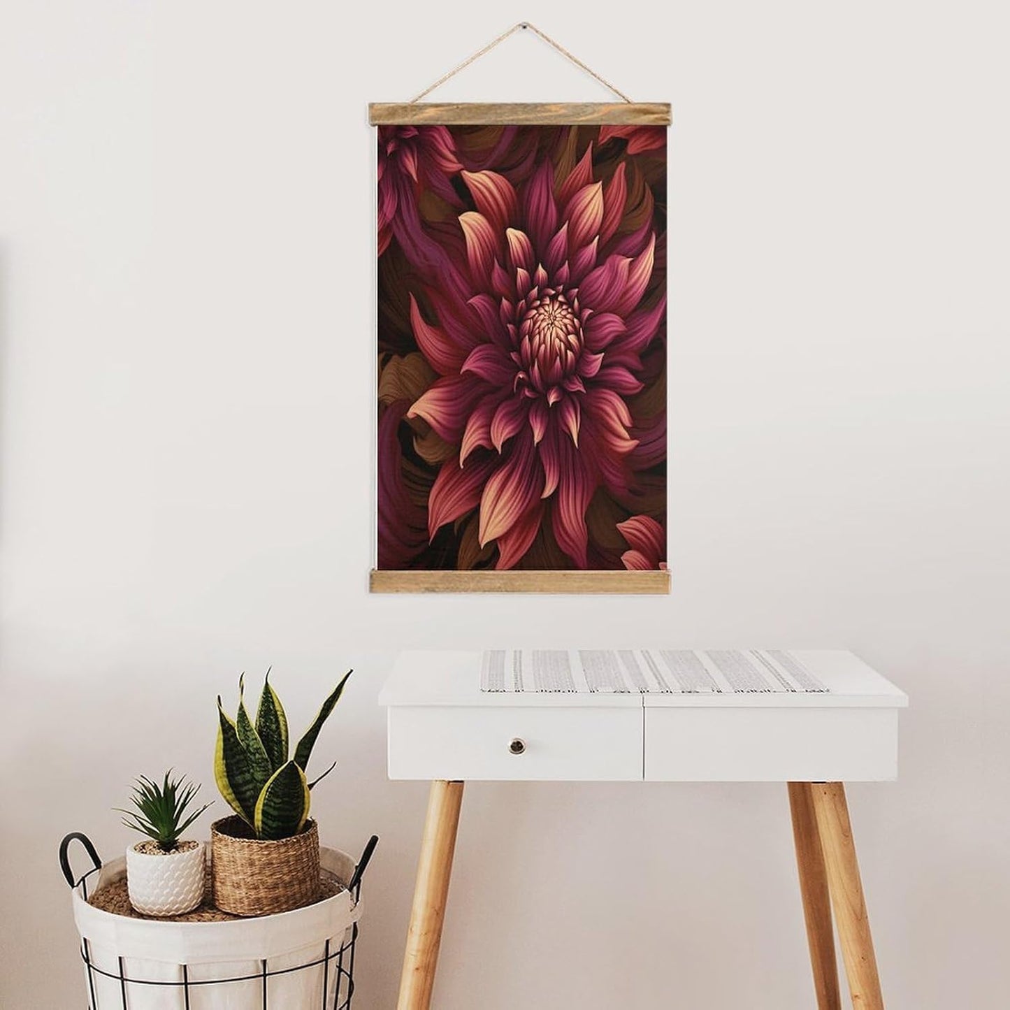 Vintage Wine Red Artistic Flower Poster with Wooden Frame Personalized Linen Hanging Scroll Painting Rustic Wall Hanging Illustrative Modern Artwork Decor for Home Living Room Bedroom Office