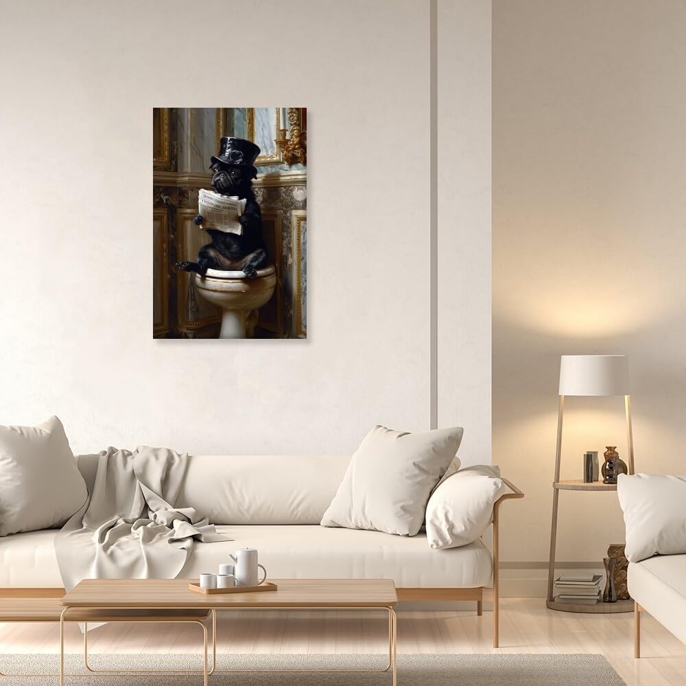 Pug Dog Reading Newspaper on Toilet Whimsical Fine Art Print Vintage Painting Canvas Wall Prints Poster Modern Home Aesthetic Decor Wall Art for Bedroom Dorm Framed24x36inch