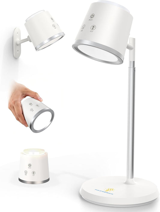 Modular LED Desk Lamp for Home Office, Eye-Caring Table Lamp Dimmable Rechargeable with 360°Adjustable Head, 3 Color Temperatures & Stepless Brightness, Touch Control & Memory, Multi-Scene Use, White