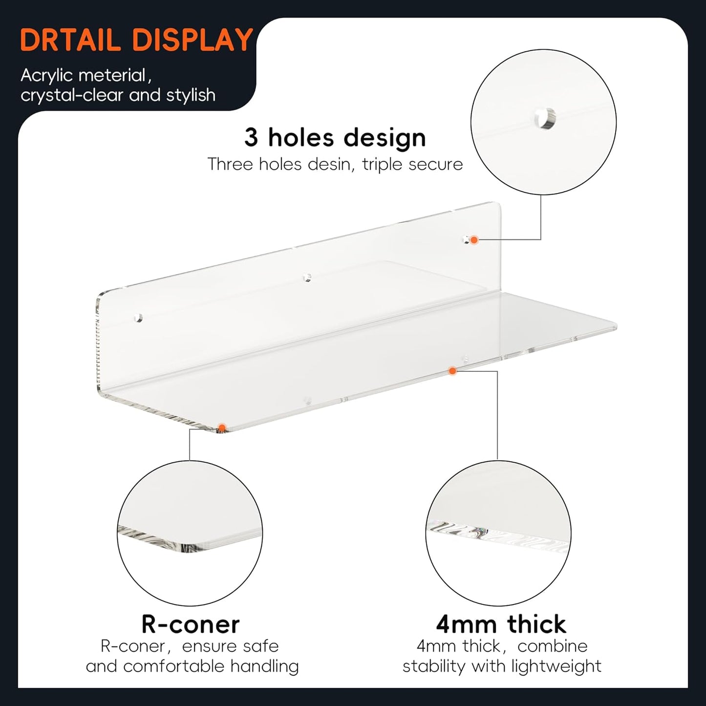 HANGE 4-Pack Clear Acrylic Floating Shelves, 12" Invisible Wall Mounted Shelves – Space-Saving Storage for Kids’ Books, Bathroom, Bedroom, Kitchen, Living Room – Modern Display Organizer