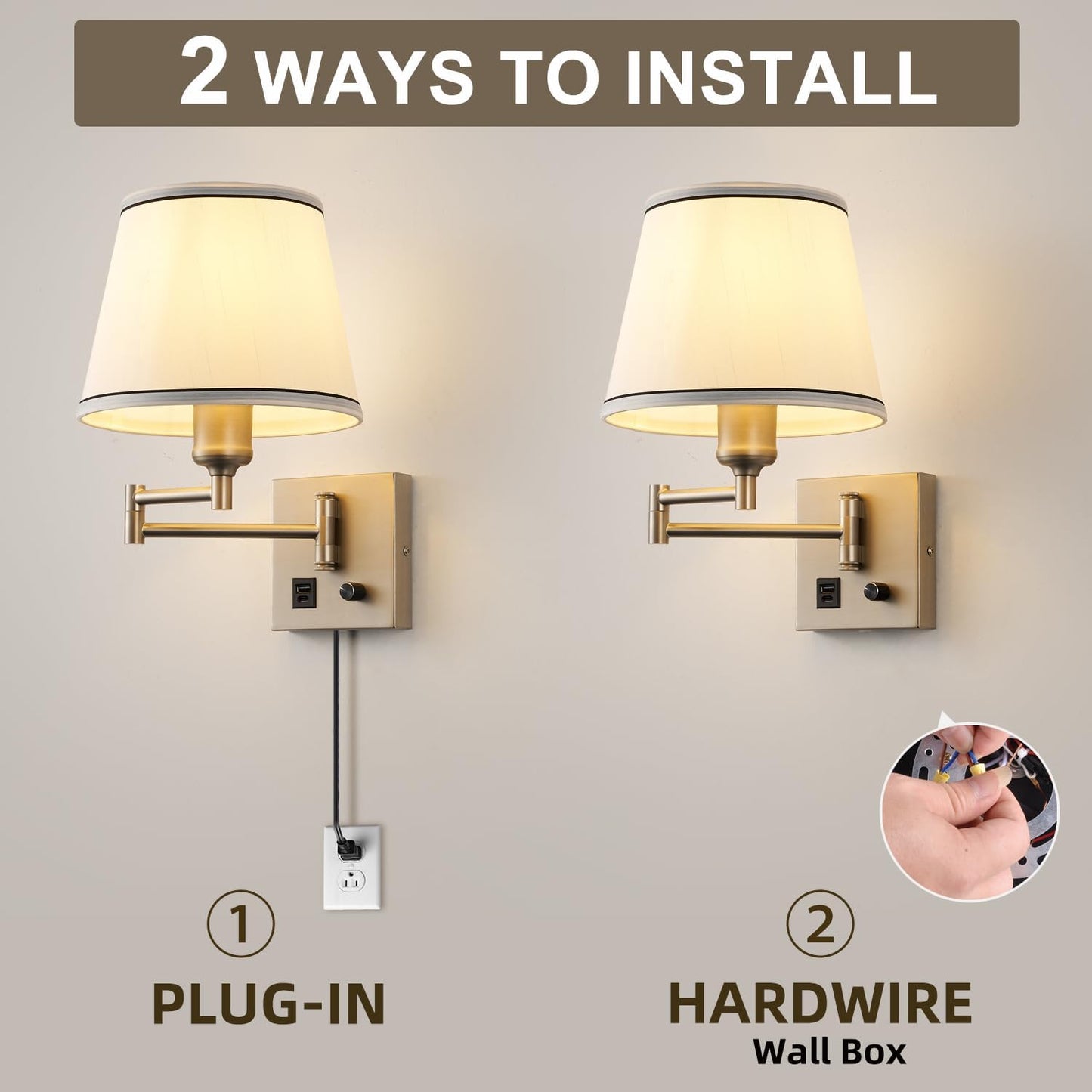 Swing Arm Wall Lamp with Type-C and USB Charging Port Wall Mounted Lamp with Dimmable Switch Plug in Wall Sconces White Fabric Shade Perfect for Bedside Living Room Reading Nook Office Satin Nickel