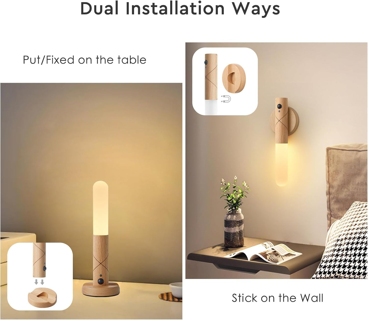 Battery Operated Wall Sconce Set of Two, Motion Sensor Night Light Magnet Body Rechargeable Battery Operated Wall Lights, Peel and Stick Sconce Lights for Bedside Stair