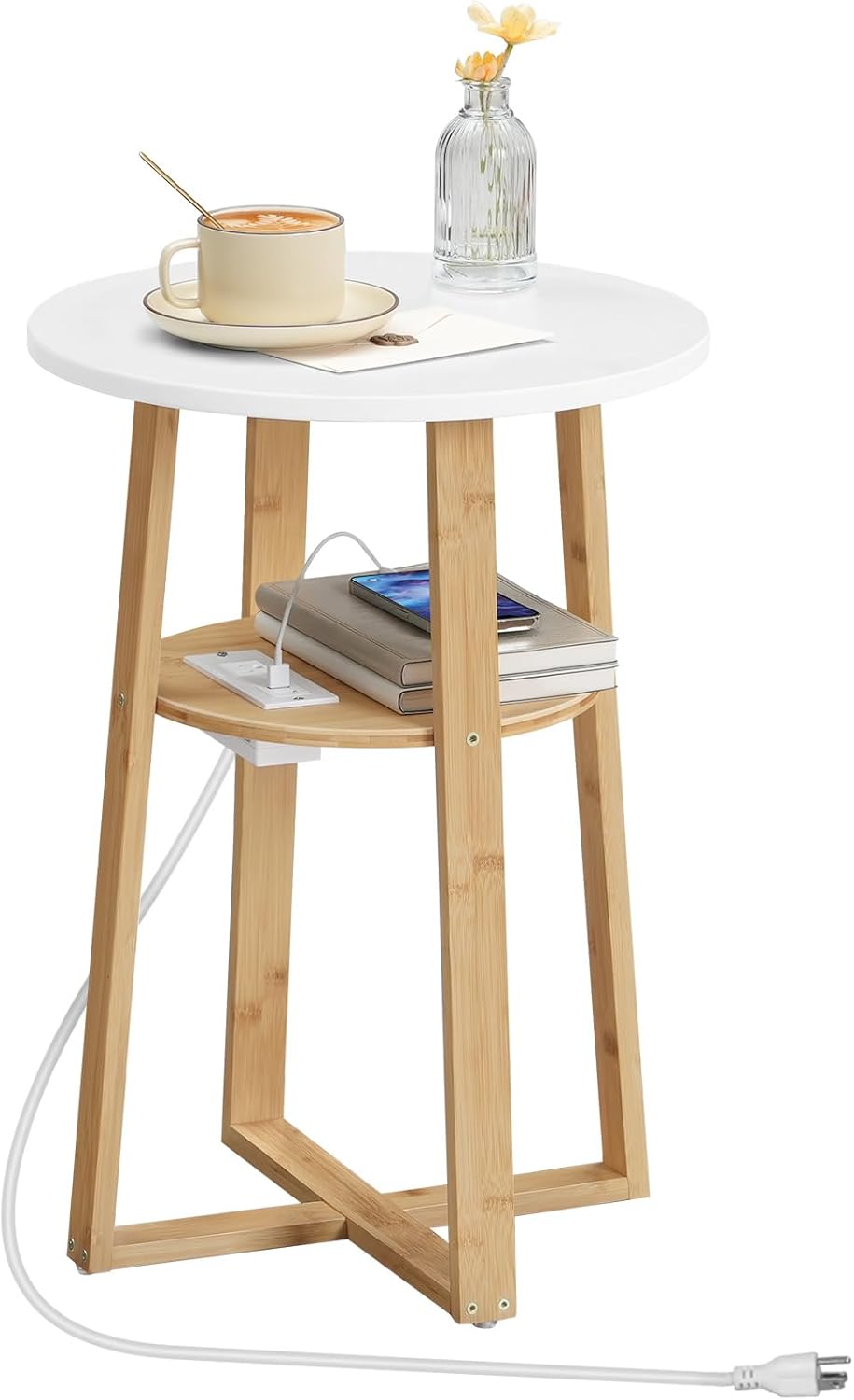 HOOBRO Round Side Table with Charging Station, Round Accent End Table with Bamboo Legs for Living Room, Bedroom, White and Natural YW101UBZ01