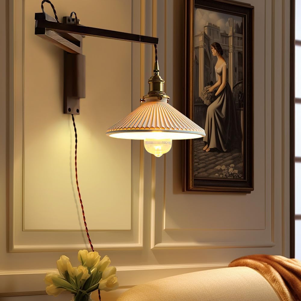 Walnut Plug in Wall Sconces,Vintage Japanese Swing Arm Wall Lamp Ceramic Shade Brass Socket for Bedroom Nightstand Bedside Reading,Bulb Included