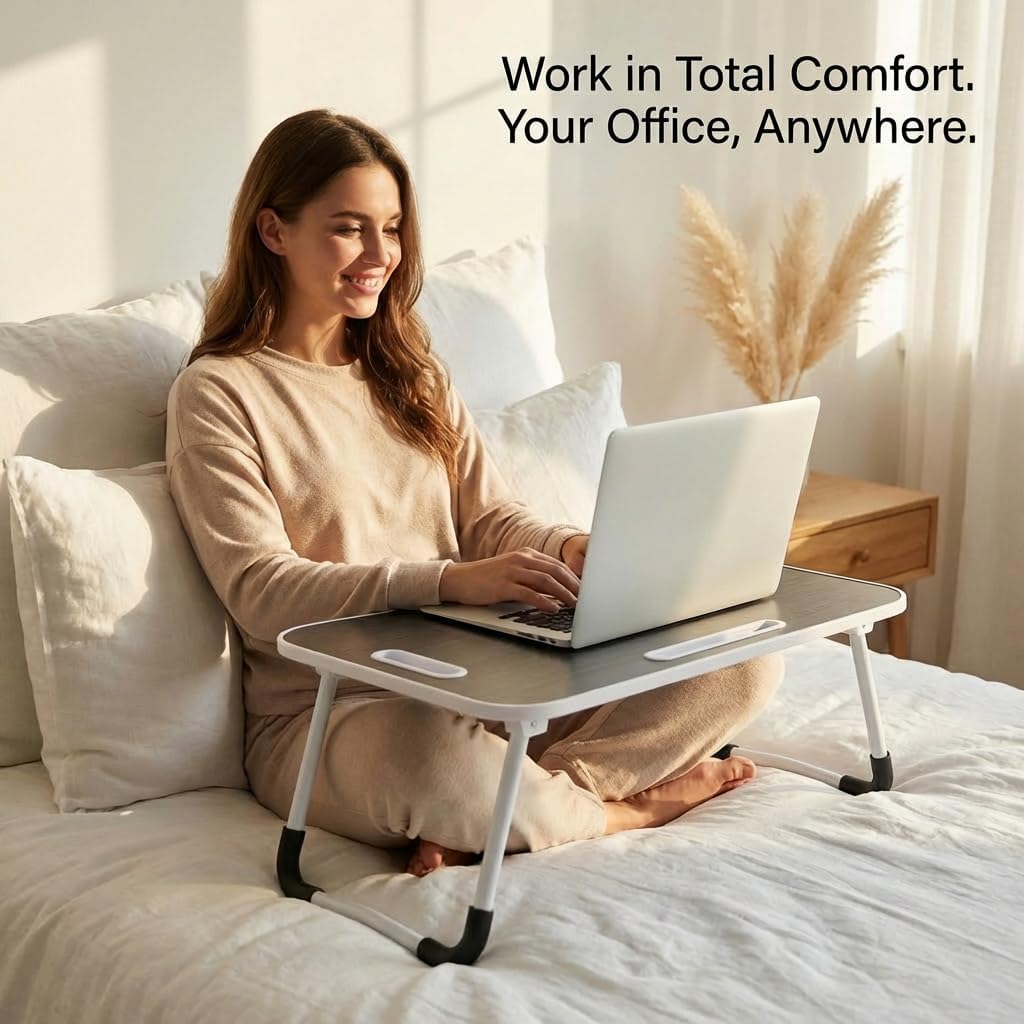 BUYIFY Folding Lap Desk, 23 Inch Portable Wood Black Laptop Bed Desk Lap Desk with Cup Holder, for Working Reading Writing, Eating, Watching Movies for Bed Sofa Couch Floor