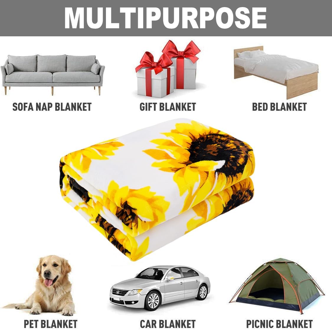 HommomH Sunflower Throw Blanket 50" x 60", Gifts for Sunflower Lovers Women Girls, White