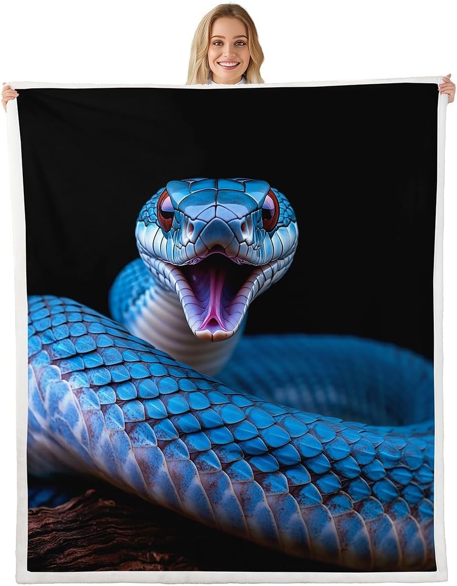 3D Snake Bedding Sets, Reptile Sherpa Fleece Blanket Throw Blanket, Wild Blue Snake Print Soft Blanket Warm Cozy Plush Blanket, Nature Animal Throw Blanket for All Seasons Bed Sofa Throw 50"x60"