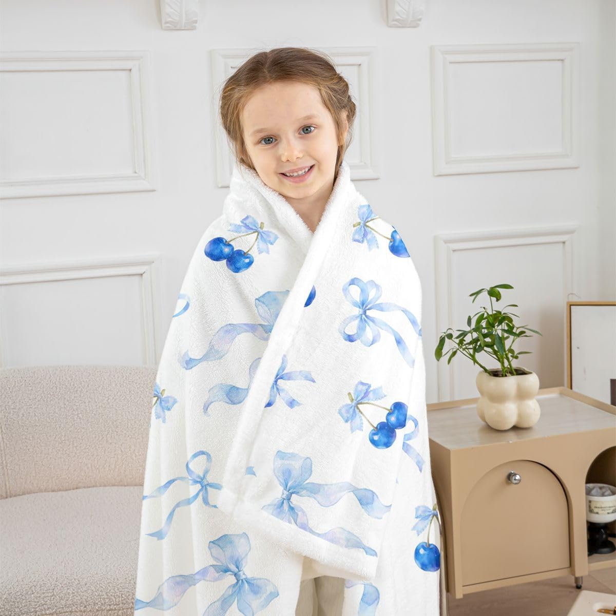 Feelyou Cute Bow Sherpa Throw Blanket for Couch Bowknot Super Soft Cozy Fleece Kawaii Cherry Blanket for Winter, Plush Throw Princess Bowknot Throw 50"x60" Blue All Season