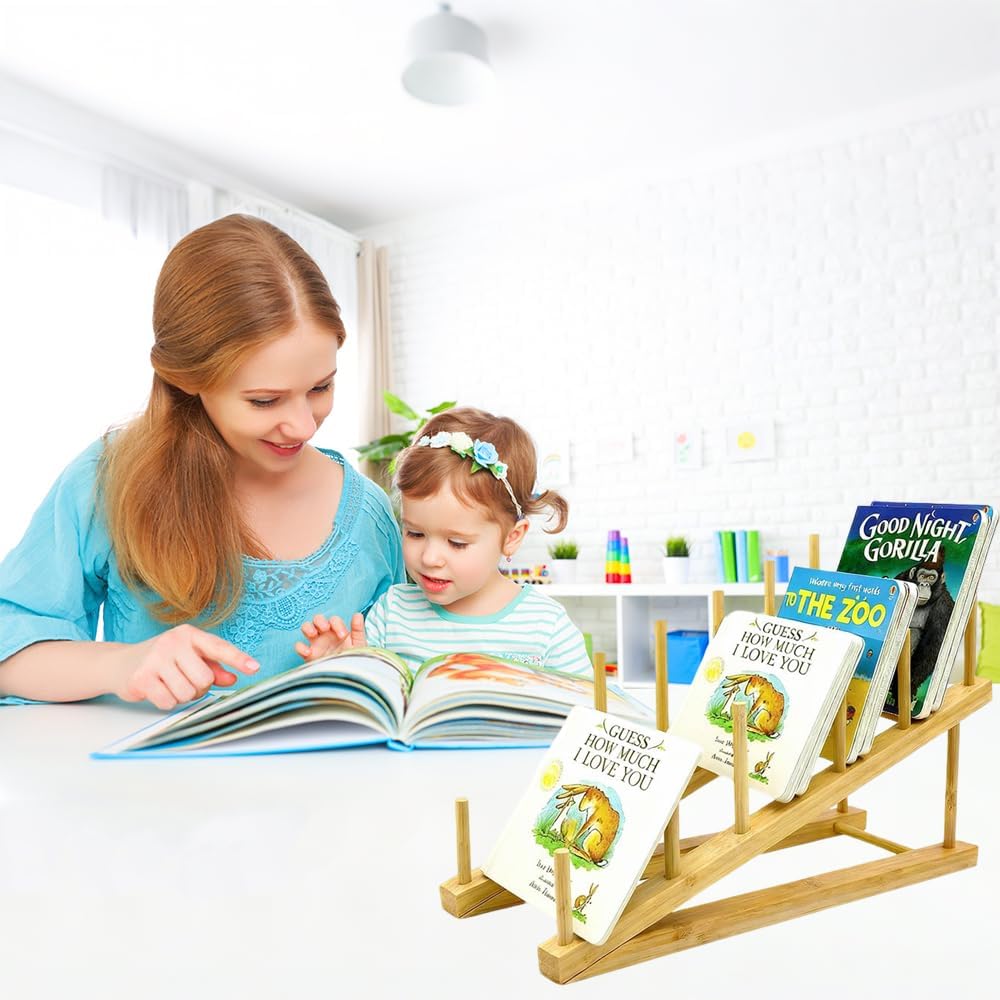 2 PCS Book Display Stand Holder, 5-Tier Wooden Kids Bookshelf, Toddler Book Rack Organizer for Magazines, Children Tabletop Book Display Shelves for Living Room Bedroom Home Office