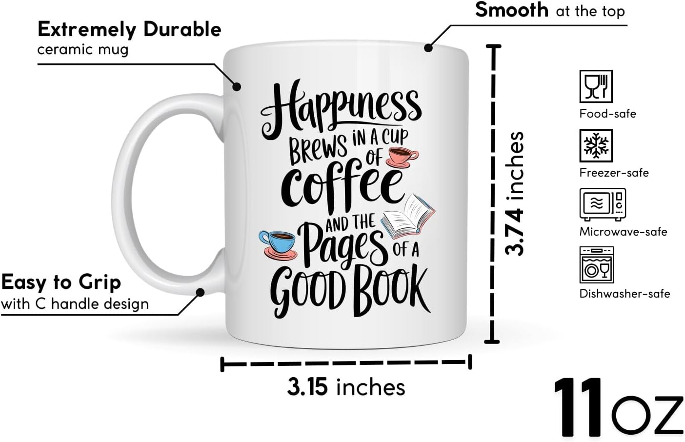 Book Lovers Coffee Mug 11oz White -Happiness Brews - Gift for Book Club Bookworm Bookish Reading Nerdy Avid Readers Women